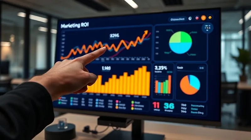 A photorealistic, vibrant data dashboard displayed on a large monitor in a modern office. The dashboard shows clear, color-coded graphs (bar, line, pie) illustrating marketing ROI metrics like revenue growth, CPA reduction, and LTV increase. A hand points to a specific positive trend on the screen. Cinematic lighting, sharp focus on the data, depth of field blurring the background, 8K hyper-detailed, shot on a high-end DSLR.