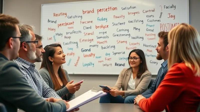 A photorealistic image of a diverse group of people (representing customers) engaged in a focus group discussion, sharing their opinions and feedback. A facilitator takes notes on a whiteboard filled with keywords like 'brand perception', 'satisfaction', 'loyalty'. Cinematic lighting, sharp focus on the group's expressions, depth of field blurring the background, 8K hyper-detailed, shot on a high-end DSLR.