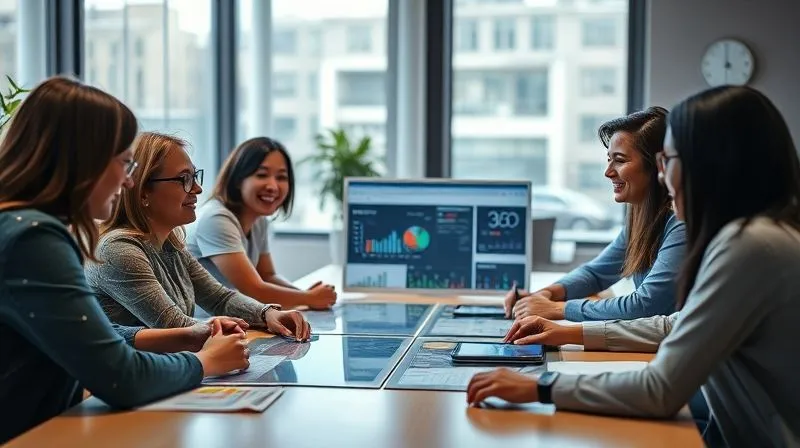 A photorealistic image of a diverse team (client and agency) collaborating around a large table, looking at a shared digital dashboard. They are smiling and engaged in a productive discussion, symbolizing trust, transparency, and partnership. Natural light, modern office setting, 8K hyper-detailed, cinematic lighting, sharp focus, depth of field, shot on a high-end DSLR.