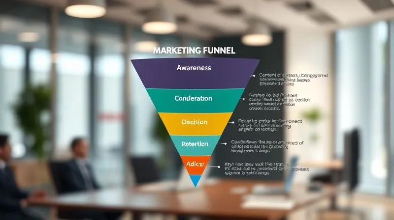 photorealistic, professional photography, 8K, cinematic lighting, sharp focus on a stylized marketing funnel diagram, clearly labeled stages (Awareness, Consideration, Decision, Retention, Advocacy) with corresponding content types and key performance indicators (KPIs) listed for each stage, depth of field blurring a modern office background, shot on a high-end DSLR, conveying strategic clarity and data alignment.