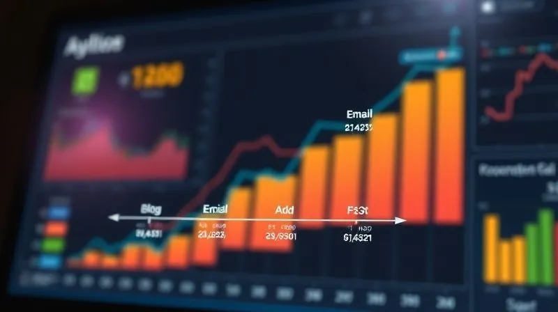 photorealistic, professional photography, 8K, cinematic lighting, sharp focus on a complex, multi-touch attribution model visualization, showing various digital touchpoints (blog, email, social, ad) leading to a conversion, with different weights assigned to each touchpoint, depth of field blurring a digital marketing analytics dashboard in the background, shot on a high-end DSLR, conveying data complexity and strategic insight.