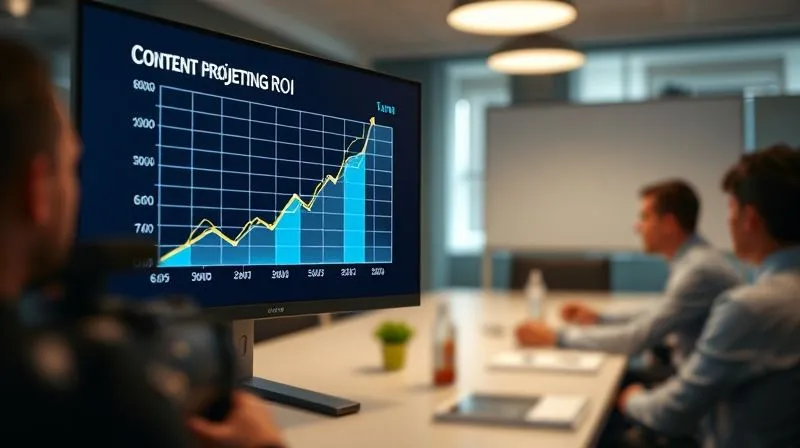 photorealistic, professional photography, 8K, cinematic lighting, sharp focus on a digital screen displaying a growth projection graph for content marketing ROI, showing an upward trend over time with clear milestones and future targets, depth of field blurring a strategic planning meeting in the background, shot on a high-end DSLR, conveying foresight and strategic planning.