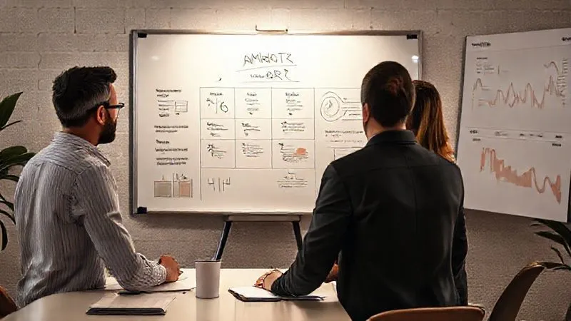 A photorealistic image of a business team collaboratively setting SMART goals around a whiteboard, with digital metrics subtly integrated into the background. Cinematic lighting, sharp focus on the team, 8K hyper-detailed.