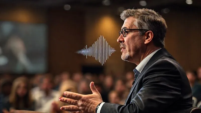 A photorealistic image of a thought leader speaking confidently at a professional conference, with a subtle audio wave graphic emanating from their mouth, representing the impact of their voice. Audience members are engaged. Cinematic lighting, sharp focus on the speaker, 8K hyper-detailed.