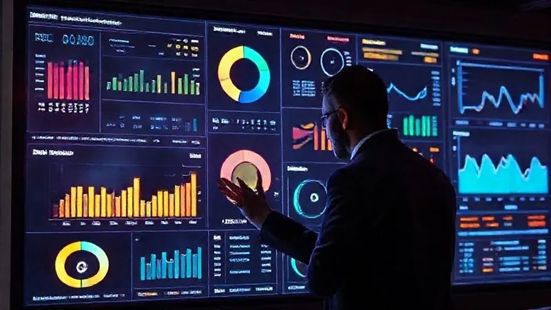 A photorealistic image of a modern, interactive digital dashboard displaying various podcast performance metrics, ROI calculations, and conversion funnels, with a business professional analyzing the data. The screen glows with vibrant charts and graphs. Cinematic lighting, sharp focus on the dashboard, 8K hyper-detailed.