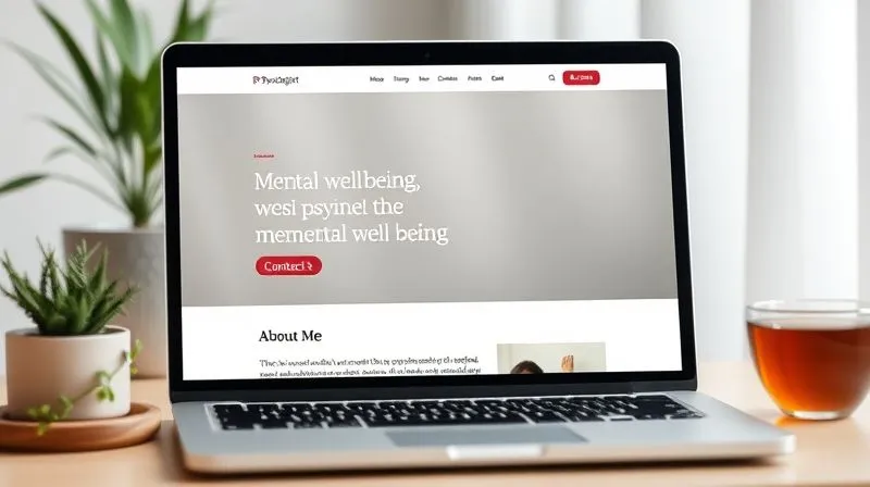 A photorealistic, professional photography of a modern, clean website interface for a psychologist, featuring a blog post about mental well-being, a clear 'About Me' section, and a prominent 'Contact' button. The screen is on a sleek laptop, surrounded by subtle elements of calm, like a small plant or a warm cup of tea. Cinematic lighting, sharp focus on the screen content, depth of field blurring the background, 8K hyper-detailed, shot on a high-end DSLR.