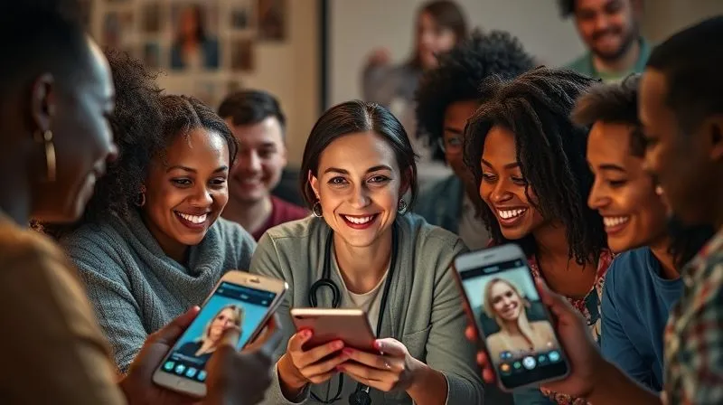 A photorealistic image showing a diverse group of people engaging positively with a psychologist's content on various social media platforms (subtly represented by different phone/tablet screens). The psychologist is seen in the center, smiling gently, perhaps in a video call. The atmosphere is collaborative and supportive, focusing on mental health awareness and community building. Cinematic lighting, sharp focus on the psychologist and interacting screens, depth of field, 8K hyper-detailed, shot on a high-end DSLR.
