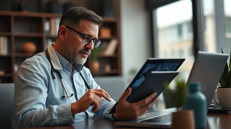 A photorealistic image of a professional psychologist analyzing data on a tablet and a laptop, with charts and graphs subtly displayed on screen. The setting is a modern, calm office space, emphasizing thoughtful analysis and strategy rather than frantic sales. Cinematic lighting, sharp focus on the screens and the psychologist's thoughtful expression, depth of field, 8K hyper-detailed, shot on a high-end DSLR.