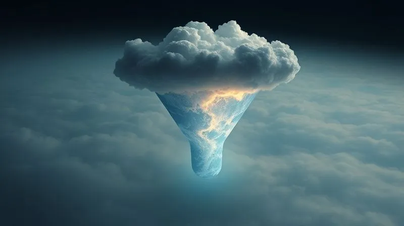 Photorealistic, professional photography, 8K, cinematic lighting, sharp focus, depth of field, shot on a high-end DSLR. A visual representation of a sales funnel, with a dark, cold cloud at the top slowly transforming into a brighter, more defined stream as it moves downwards, symbolizing lead qualification.