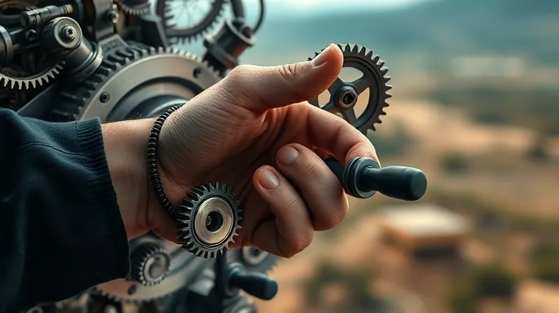 Photorealistic, professional photography, 8K, cinematic lighting, sharp focus, depth of field, shot on a high-end DSLR. A human hand, gently but firmly guiding a complex, intertwined set of gears and levers, representing overcoming sales objections, with a sense of control and precision. The background shows a blurred, challenging landscape.