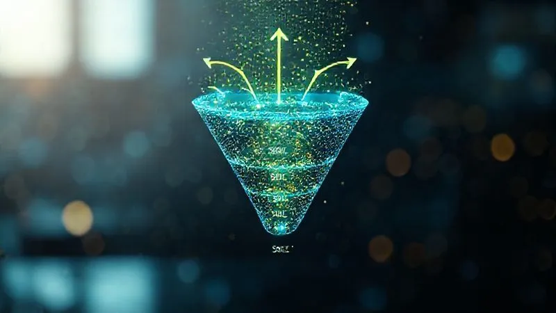 A photorealistic image of a digital sales funnel, glowing with data points moving from a wide top (awareness) to a narrow bottom (conversion). Strategic arrows indicate the progression from MQL to SQL. Professional photography, 8K, cinematic lighting, sharp focus on the funnel's transition points, depth of field, shot on a high-end DSLR, conveying a sense of organized progression and clarity.