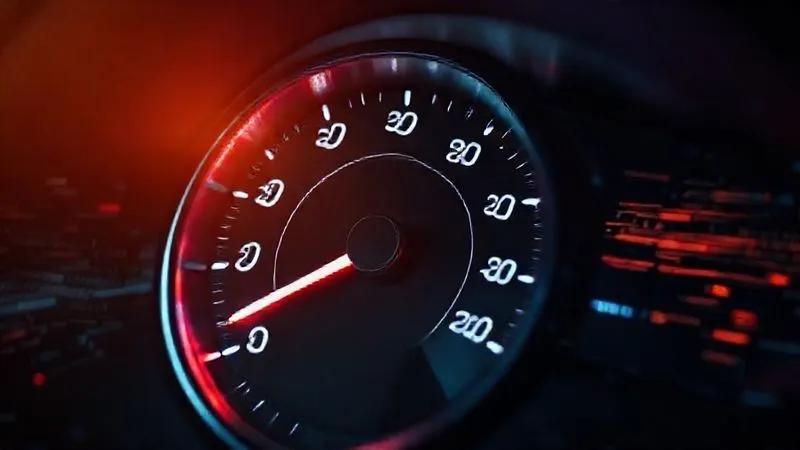 A photorealistic image of a digital speedometer showing extremely high speed, superimposed over a website loading bar quickly filling up, with a subtle network of data lines in the background. Cinematic lighting, sharp focus on the speedometer, depth of field, 8K hyper-detailed, professional photography, shot on a high-end DSLR.