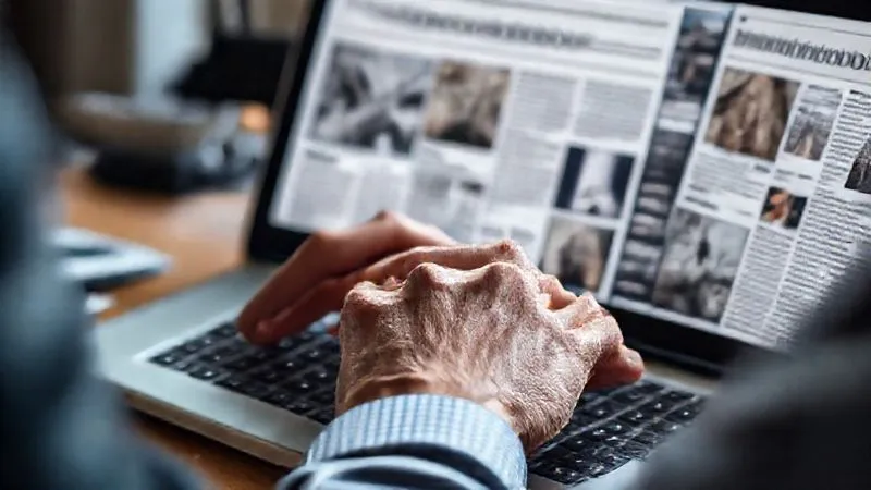 A photorealistic image of a journalist's hand typing on a laptop, with a newspaper layout visible on the screen, showing well-structured text, bold headlines, and integrated high-quality images. Cinematic lighting, sharp focus on the hands and screen, depth of field, 8K hyper-detailed, professional photography, shot on a high-end DSLR.