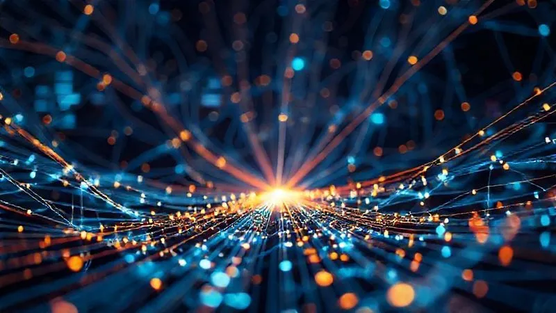 A photorealistic image of a complex network of glowing data lines converging rapidly towards a central point, symbolizing fast data transmission and indexing. In the background, abstract representations of sitemaps and RSS feeds. Cinematic lighting, sharp focus on the central convergence, depth of field, 8K hyper-detailed, professional photography, shot on a high-end DSLR.