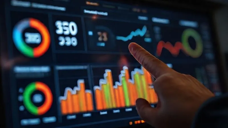 A photorealistic image of a digital dashboard displaying various SEO metrics like traffic, CTR, and keyword rankings, with a human hand pointing at a rising graph. Cinematic lighting, sharp focus on the dashboard, depth of field, 8K hyper-detailed, professional photography, shot on a high-end DSLR.