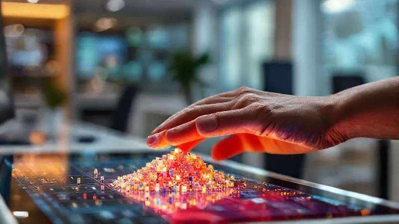 Photorealistic, professional photography, 8K, cinematic lighting, sharp focus, depth of field, shot on a high-end DSLR. A hand expertly sorting small, glowing digital data blocks into different colored piles on a sleek, futuristic interface, symbolizing intelligent data segmentation and organization. The background is a soft, blurred office environment with data visualizations.