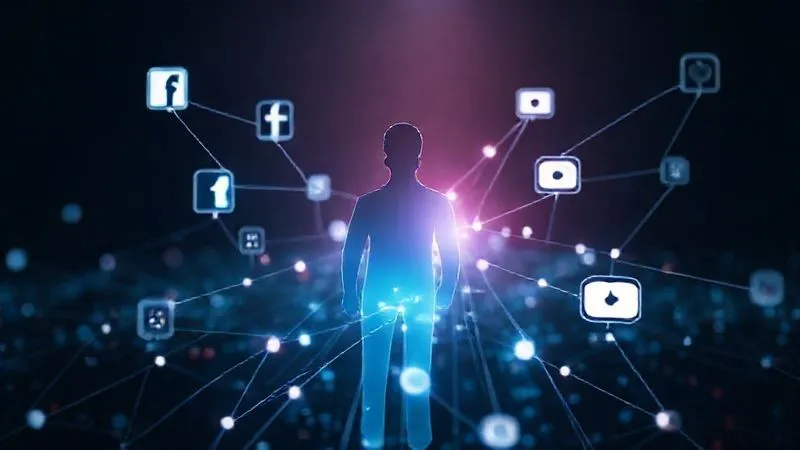 Photorealistic, professional photography, 8K, cinematic lighting, sharp focus, depth of field, shot on a high-end DSLR. A network of glowing digital lines connecting various social media icons (Facebook, Instagram, LinkedIn, YouTube) to a central, slightly transparent human silhouette, symbolizing targeted ad retargeting and personalized audience reach. The background is a dark, abstract digital landscape.