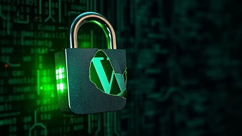 A photorealistic image of a digital padlock, half-open and glowing with a green light, guarding a stylized WordPress logo that appears slightly damaged but is being restored, with lines of code flowing around it. The background is a dark, intricate network of data, suggesting a digital threat being overcome. Cinematic lighting, sharp focus, depth of field, 8K hyper-detailed, shot on a high-end DSLR.