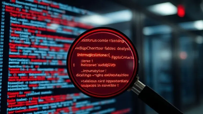 A photorealistic image of a magnifying glass hovering over lines of complex code on a computer screen, highlighting malicious scripts with a red glow. The background is a blurred server room with blinking lights, conveying a sense of deep technical analysis. Cinematic lighting, sharp focus, depth of field, 8K hyper-detailed, shot on a high-end DSLR.