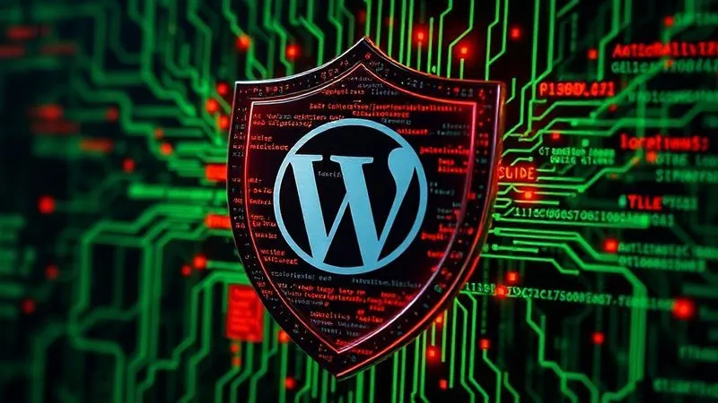 A photorealistic image of a digital shield with a WordPress logo, deflecting an array of glowing red malicious code snippets and hacker symbols. The shield is surrounded by a secure network of green data lines, symbolizing robust protection. Cinematic lighting, sharp focus, depth of field, 8K hyper-detailed, shot on a high-end DSLR.