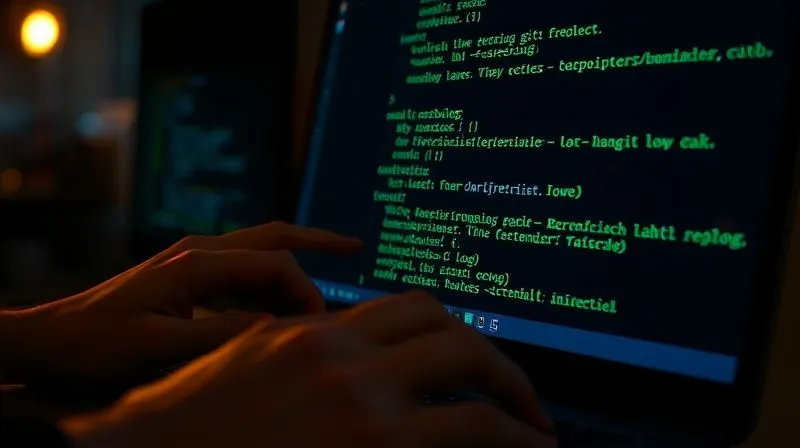 A photorealistic close-up of a developer's hands typing 'git reflog' into a dark terminal window, with the output displaying commit hashes and messages in green and white text. The screen glows softly, reflecting on the developer's focused face. Cinematic lighting, sharp focus on the terminal, depth of field blurring the background. 8K hyper-detailed, professional photography, shot on a high-end DSLR.