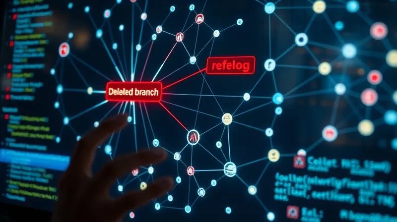 A photorealistic image of a complex network diagram projected onto a glass screen, with interconnected nodes representing local and remote Git repositories. One node representing a 'deleted branch' is highlighted in red, with glowing lines leading to a central 'reflog' node, suggesting recovery. Cinematic lighting, sharp focus on the diagram, depth of field blurring a developer's hands faintly visible in the foreground. 8K hyper-detailed, professional photography, shot on a high-end DSLR.