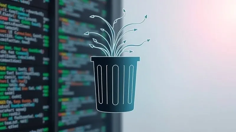 A photorealistic image of a digital trash can icon with swirling lines of code being sucked into it, representing Git's garbage collection process. The background is a clean, minimalist server interface. Cinematic lighting, sharp focus on the icon and code, depth of field blurring the background. 8K hyper-detailed, professional photography, shot on a high-end DSLR.