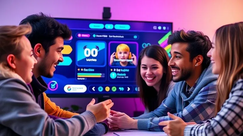 A photorealistic image of a diverse group of online students interacting with a gamified learning platform, showing excited expressions as they earn points and badges. The screen displays vibrant UI elements, progress bars, and virtual rewards. Cinematic lighting, sharp focus on the students and screen, depth of field blurring the background, 8K hyper-detailed, shot on a high-end DSLR.