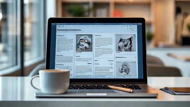 A photorealistic image of a neatly organized digital portfolio on a laptop screen, showcasing diverse writing samples for different niches, with a coffee cup and a pen on a modern desk. Cinematic lighting, sharp focus on the screen, depth of field blurring the background, 8K hyper-detailed, professional photography.