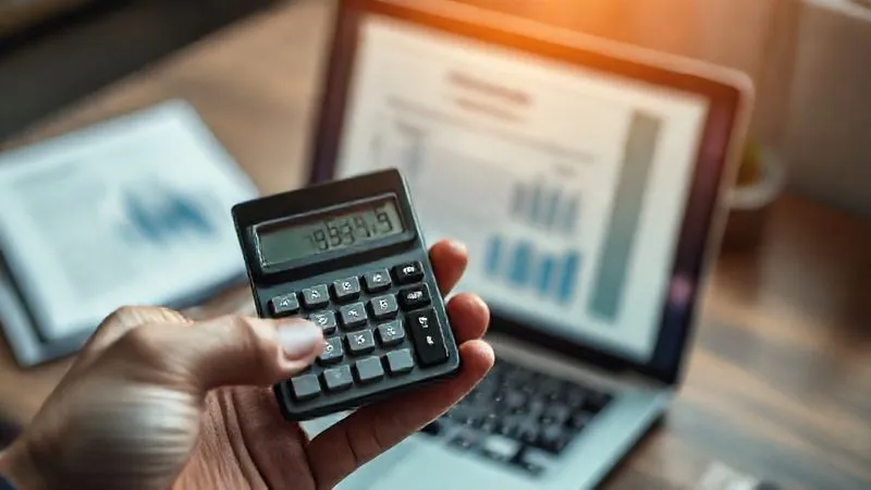 A photorealistic image of a hand holding a calculator displaying a significantly higher number, with a laptop showing a client proposal in the background. The scene has cinematic lighting, sharp focus on the calculator, depth of field blurring the background, 8K hyper-detailed, professional photography, conveying a sense of increased earnings and strategic pricing.