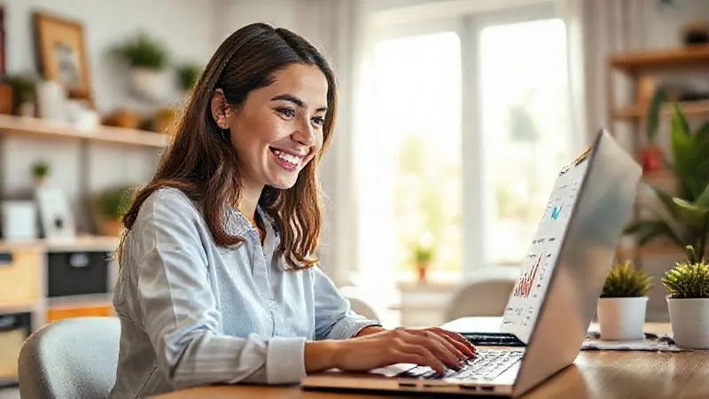 A photorealistic image of a young woman (Ana) smiling confidently while looking at a laptop screen displaying a significant increase in her earnings dashboard. She is surrounded by a vibrant, organized home office environment, with natural light streaming in. Cinematic lighting, sharp focus on her face and the screen, depth of field blurring the background, 8K hyper-detailed, professional photography, conveying success and empowerment.