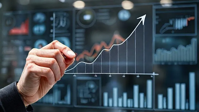 A photorealistic image of a person's hand drawing a growth curve on a clear glass board, with various business metrics and charts in the background, symbolizing progress monitoring and strategic adjustments. Cinematic lighting, sharp focus on the hand and the curve, depth of field blurring the background, 8K hyper-detailed, professional photography.