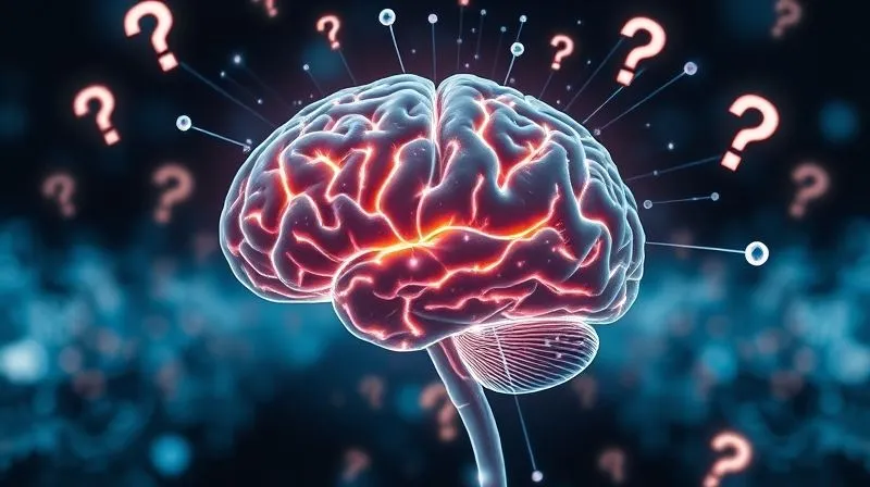 A photorealistic image of a human brain with glowing neural pathways, surrounded by floating digital data points and question marks, symbolizing the mental process of curiosity and decision-making in a tech context. Cinematic lighting, sharp focus on the brain, depth of field blurring the background, 8K hyper-detailed, professional photography, shot on a high-end DSLR.