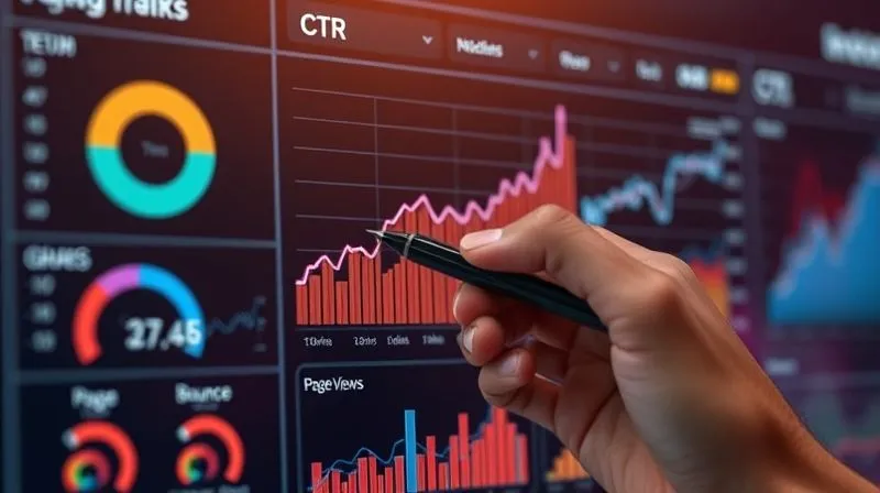 A photorealistic image of a digital dashboard displaying various metrics, including a prominent upward-trending line graph for CTR, alongside other graphs for page views and bounce rate. A hand with a stylus is interacting with a touch screen. Cinematic lighting, sharp focus on the dashboard, depth of field blurring the background, 8K hyper-detailed, professional photography, shot on a high-end DSLR.