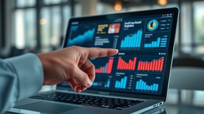 Photorealistic, professional photography, 8K, cinematic lighting, sharp focus, depth of field, shot on a high-end DSLR. A person's hand pointing at a complex data dashboard on a laptop screen, showing various charts and graphs related to student engagement and dropout rates. The screen glows with insightful analytics, suggesting problem identification and solution discovery. The background is a modern office setting, slightly blurred.