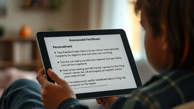 Photorealistic, professional photography, 8K, cinematic lighting, sharp focus, depth of field, shot on a high-end DSLR. A student looking thoughtfully at a tablet screen displaying personalized feedback on an assignment, with positive affirmations and clear, constructive suggestions for improvement. The lighting is soft and encouraging, creating a sense of progress and support. A blurred background suggests a comfortable home learning environment.