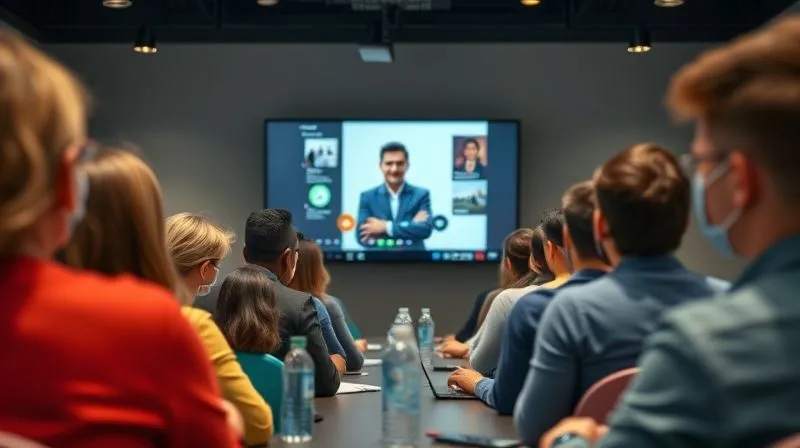Photorealistic, professional photography, 8K, cinematic lighting, sharp focus, depth of field, shot on a high-end DSLR. A vibrant, diverse group of students actively participating in an online webinar, with the speaker visible on the main screen. Chat bubbles and emojis are subtly integrated into the scene, indicating lively interaction and engagement. The atmosphere is energetic and collaborative, with a focus on shared learning and community.