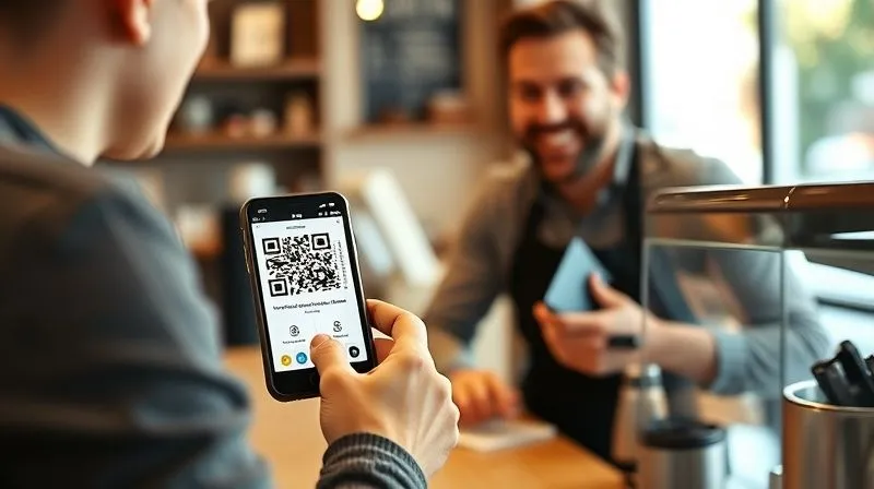 A photorealistic image of a customer happily scanning a QR code on their smartphone at a local coffee shop counter, with a digital loyalty app displaying points and rewards. The scene should be bright, inviting, with cinematic lighting, sharp focus on the phone and QR code, depth of field, 8K hyper-detailed, professional photography.