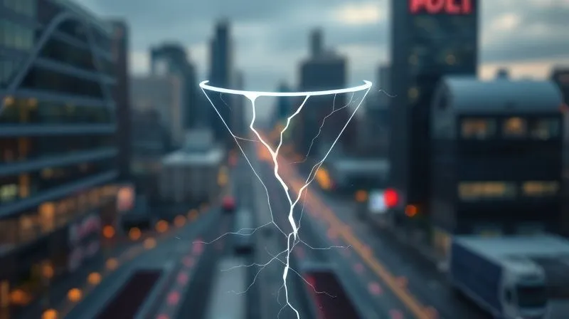 A photorealistic image of a digital funnel with several cracks and streams of light (representing customers) leaking out. The background is a blurred cityscape representing the competitive digital market. Cinematic lighting, sharp focus on the leaky funnel, depth of field, 8K hyper-detailed, professional photography.