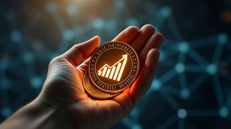 A photorealistic image of a hand holding a glowing digital coin with an upward trend graph on it, surrounded by other smaller coins. The background shows a subtle, blurred network of digital connections. Cinematic lighting, sharp focus on the coin, depth of field, 8K hyper-detailed, professional photography.
