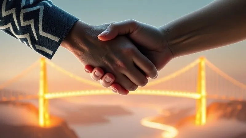 A photorealistic image of two hands shaking firmly over a glowing digital bridge that connects two fragmented landmasses, symbolizing reconciliation and re-engagement. The background is a soft, futuristic landscape with data streams. Cinematic lighting, sharp focus on the hands and bridge, depth of field, 8K hyper-detailed, professional photography.