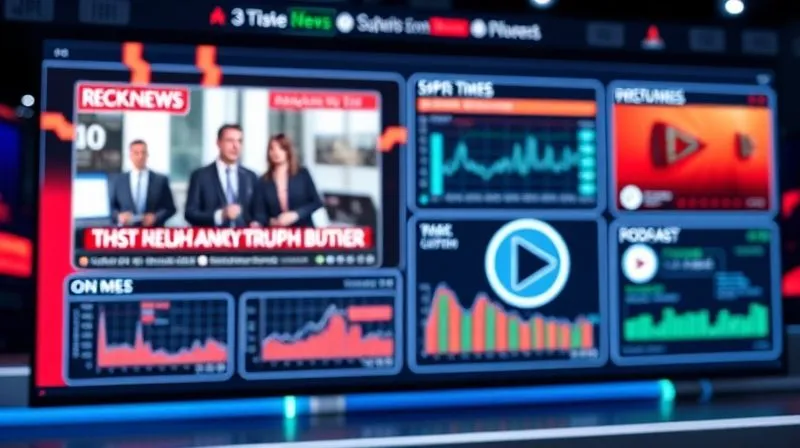 Photorealistic image of a vibrant digital news dashboard displaying various content formats: a video player showing a breaking news report, an interactive infographic with data visualizations, and a podcast player with a prominent play button, all seamlessly integrated. Cinematic lighting, sharp focus, depth of field, 8K hyper-detailed.
