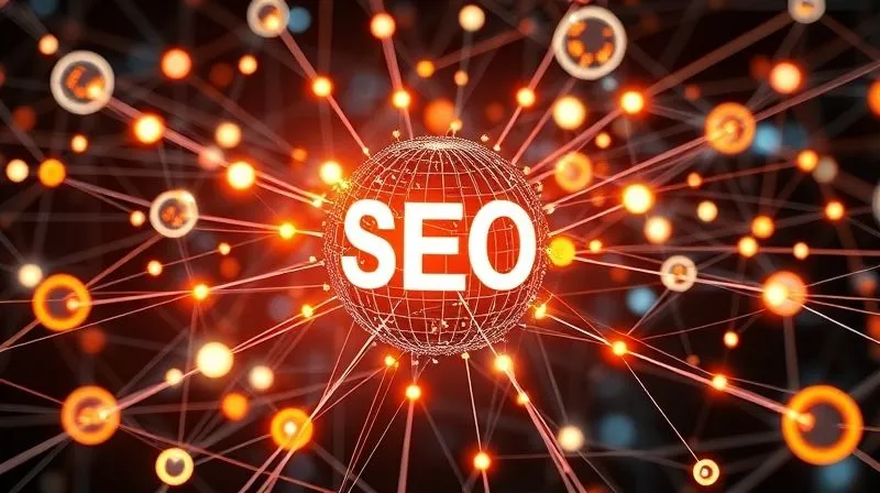 Photorealistic image of a complex network of glowing lines connecting various digital spheres, symbolizing backlinks and domain authority in the context of SEO. The central sphere, representing a news portal, is brightly illuminated and at the nexus of many strong connections. Cinematic lighting, sharp focus, depth of field, 8K hyper-detailed.