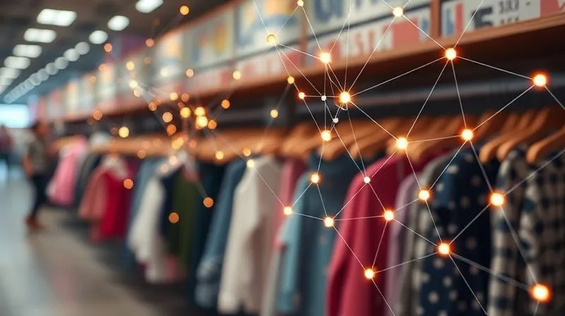 A photorealistic representation of a complex neural network with glowing nodes and connections, overlaid on a blurred background of children's clothing racks. The network visually processes data streams, indicating predictive analysis for returns. Cinematic lighting, sharp focus on the neural network, depth of field, 8K hyper-detailed, professional photography, shot on a high-end DSLR.