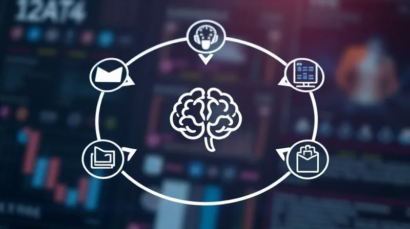 A photorealistic image of a continuous feedback loop represented by a circular flow of data, with icons for 'customer feedback', 'AI analysis', 'action taken', and 'results', all interconnected. The central point is a stylized brain icon representing machine learning. Cinematic lighting, sharp focus on the data flow, depth of field, 8K hyper-detailed, professional photography, shot on a high-end DSLR.