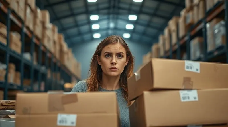 A frustrated woman looking at a pile of returned clothes boxes, her expression a mix of disappointment and overwhelm. The background is a dimly lit e-commerce warehouse. photorealistic, professional photography, 8K, cinematic lighting, sharp focus, depth of field, shot on a high-end DSLR.