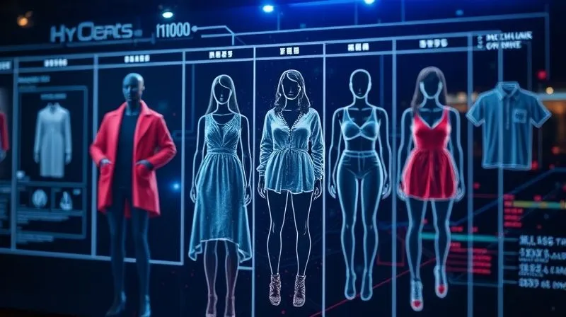A sophisticated digital interface overlayed with clothing recommendations, showing diverse body types. Lines of data flow elegantly, suggesting intelligence and personalization. photorealistic, professional photography, 8K, cinematic lighting, sharp focus, depth of field, shot on a high-end DSLR.