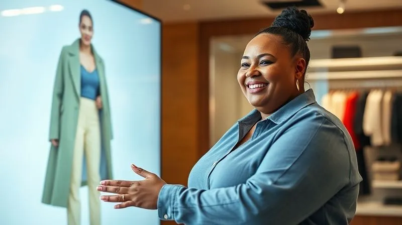 A happy woman of a plus size smiling confidently as she sees herself in a virtual outfit on a large screen, adjusting the fit with hand gestures. The virtual clothing looks realistic and flattering. photorealistic, professional photography, 8K, cinematic lighting, sharp focus, depth of field, shot on a high-end DSLR.
