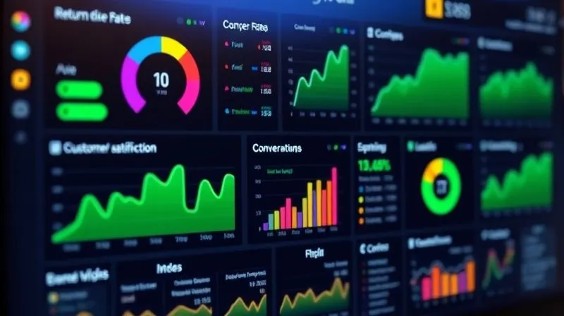 A complex dashboard displaying various e-commerce metrics: return rates, conversion rates, customer satisfaction scores, with upward trending graphs in green. The screen is vibrant and informative. photorealistic, professional photography, 8K, cinematic lighting, sharp focus, depth of field, shot on a high-end DSLR.