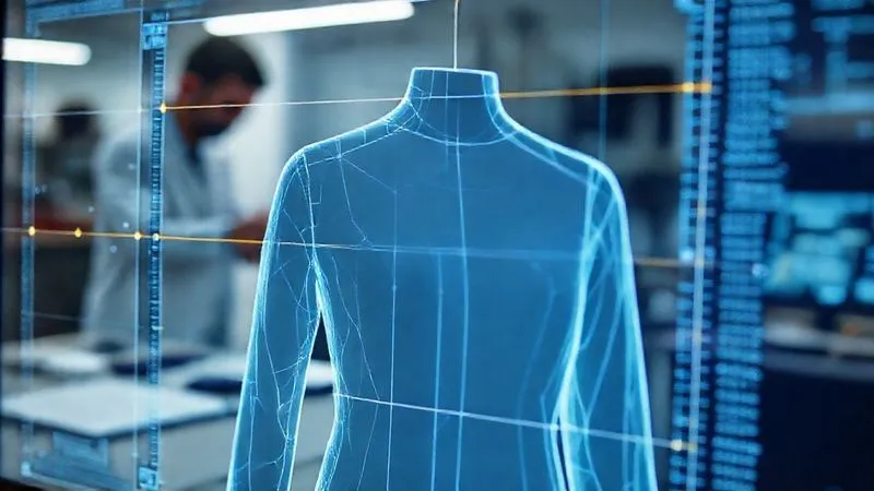 A photorealistic close-up of a digital screen displaying a 3D model of a garment, with intricate measurement lines and data points overlaid. In the background, a team of data scientists are meticulously calibrating algorithms, cinematic lighting, sharp focus on the screen, depth of field blurring the background, 8K hyper-detailed.